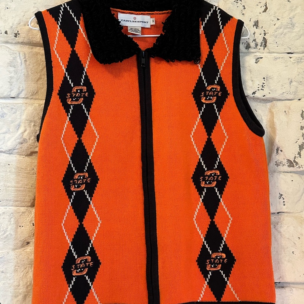 Castles Sport M Orange & Black OSU Cowboys Argyle Vest